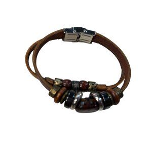 Leather Bracelet With Beads & Metal Accents Double Strap Magnetic Clasp Closure